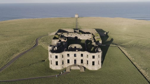 An aerial photograph of Downhill House and Mussenden Temple.